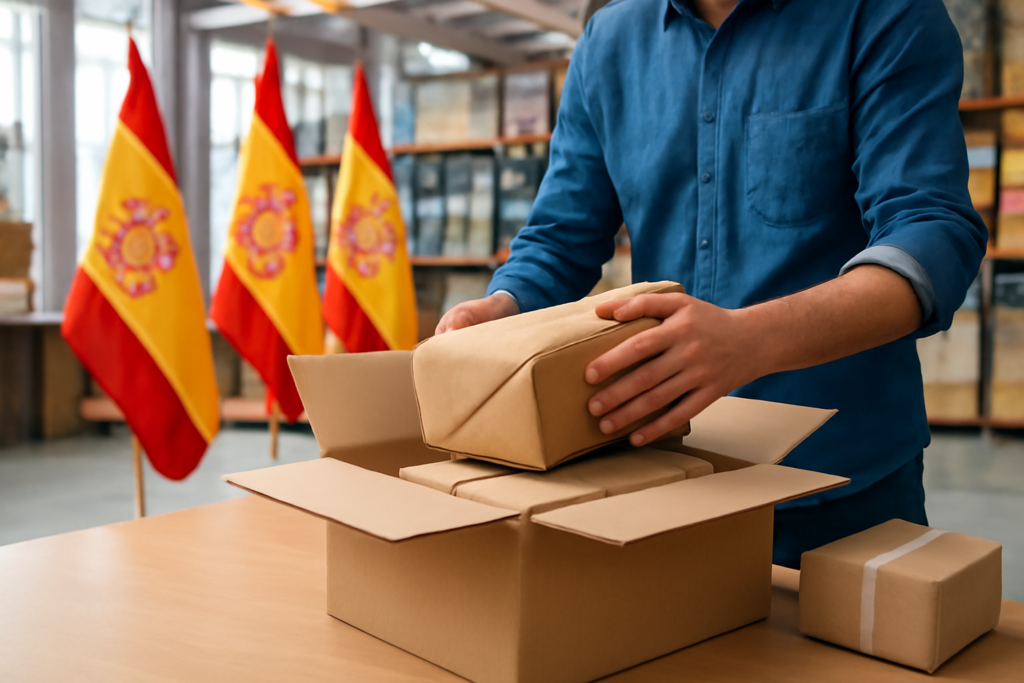 Person consolidating multiple parcels into one box for international shipping from Spain