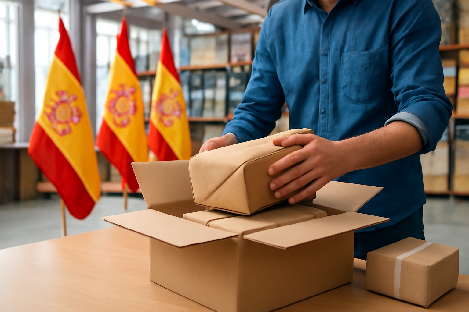Person consolidating multiple parcels into one box for international shipping from Spain