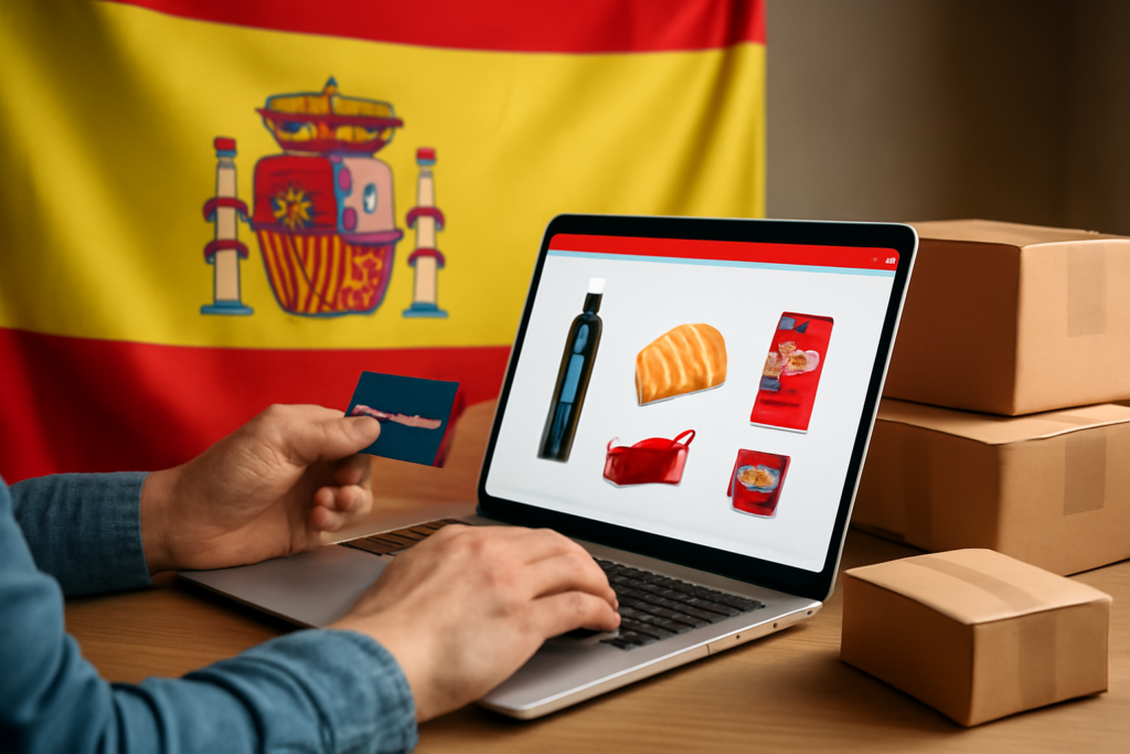 Person shopping online for Spanish products with parcels ready for international shipment
