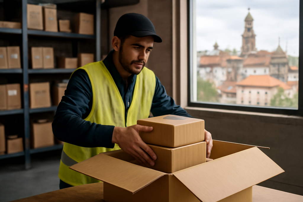 Warehouse worker consolidating parcels for international shipping from Spain