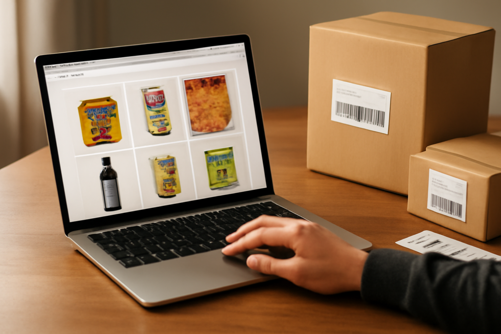 Person shopping online from Spanish store with parcels and shipping labels