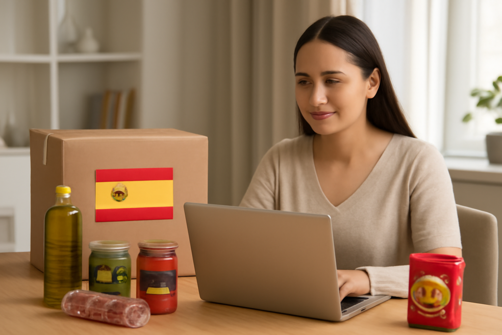 International shopper using Spanish parcel forwarding service with laptop and Spanish products on desk