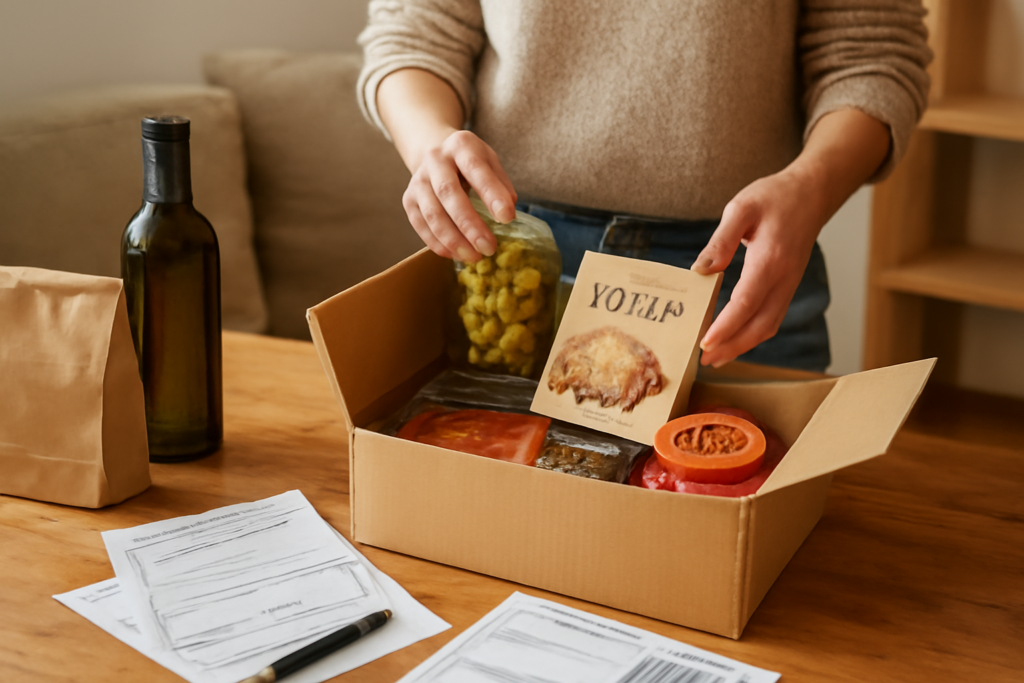 Person preparing a parcel with Spanish goods and shipping documents for international forwarding
