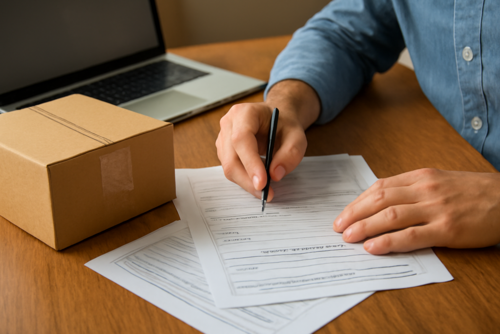 Person preparing international customs documents for parcel forwarding from Spain
