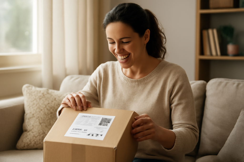 International shopper unpacking parcel received via Spanish delivery address in a cozy home