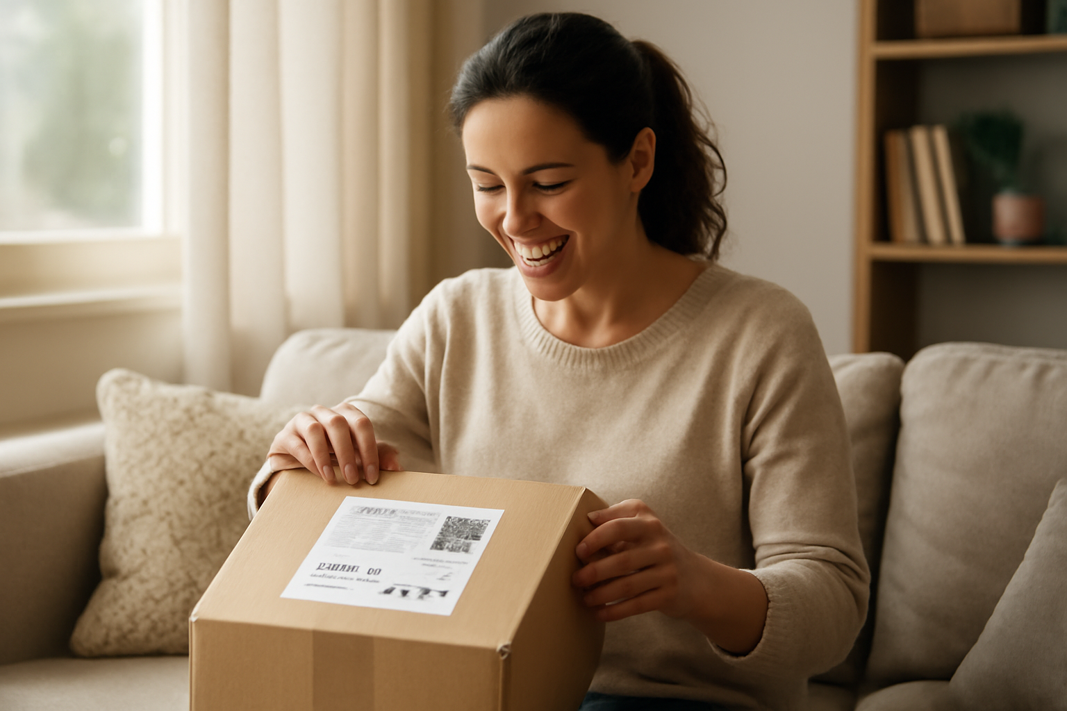 International shopper unpacking parcel received via Spanish delivery address in a cozy home