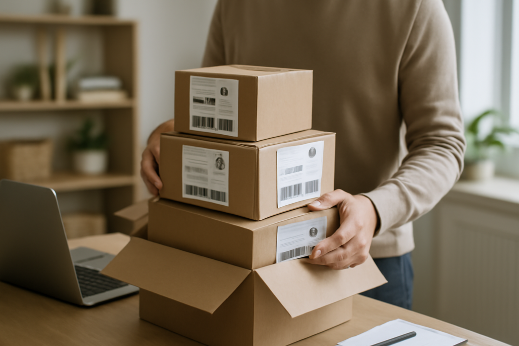 Person consolidating multiple Spanish online shopping parcels into one box for international forwarding